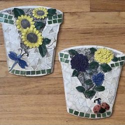 Wall Art Floral Mosaic/Glass Planter Pot Shaped Wall Decor 10” Tall Set