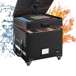 Fireproof Document Box with Lock,2-Layer File Box with Wheels,Collapsible File Storage Organizer with Pockets,Large Portable Home Filing Cabinet for H