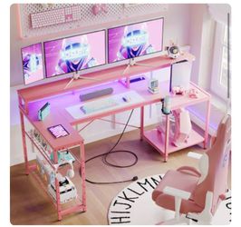 71.46-in W Pink L-Shaped LED Gaming Desk with Power Outlet and Monitor Stand