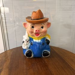 Large Vintage 1950's Hand Painted Farmer Pig with Rabbit Piggy Bank Chalkware