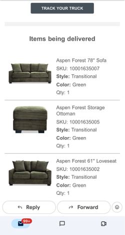 From Bob’s Discount Furniture, Sofa, Loveseat, & Ottoman Green