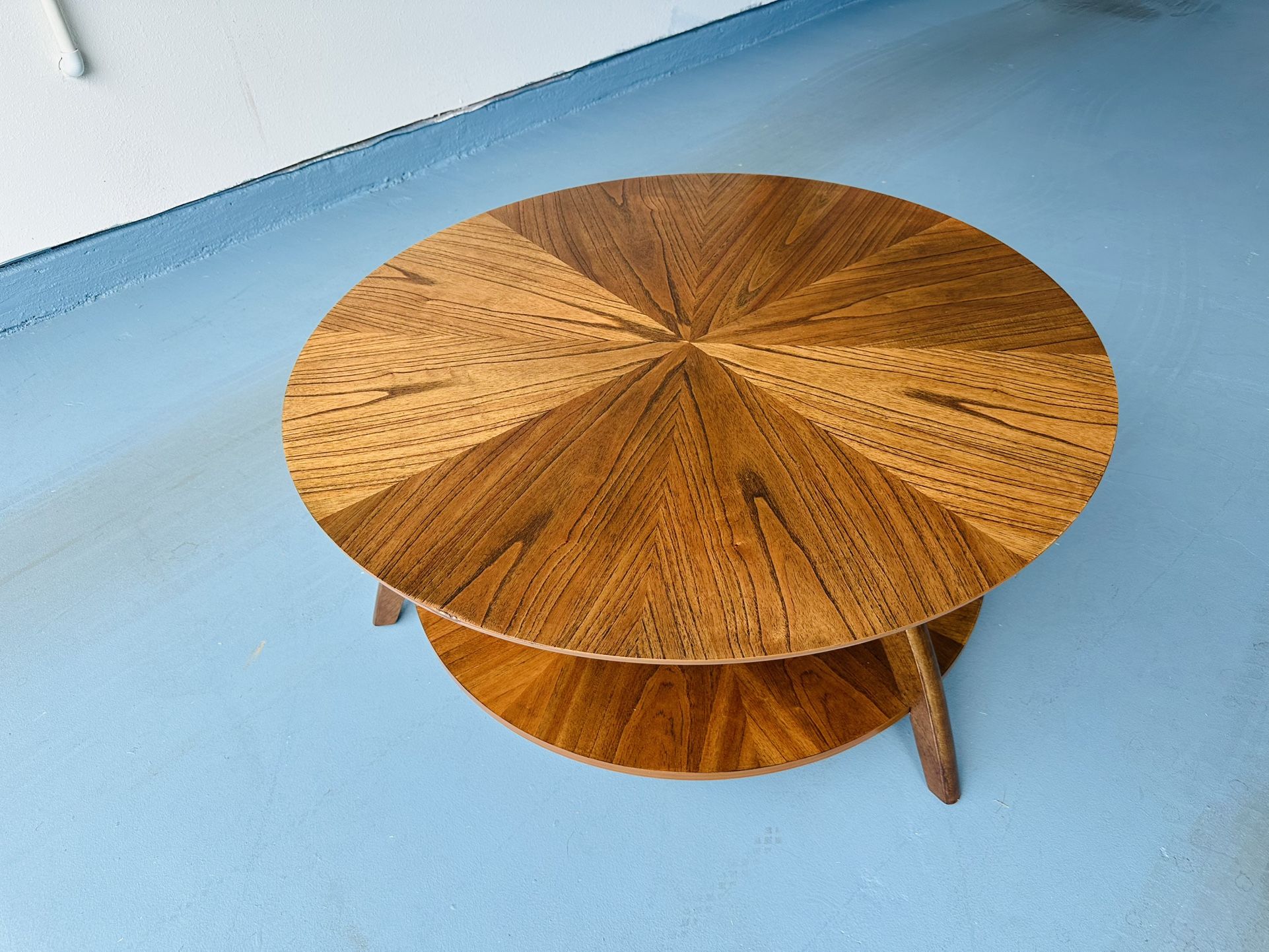 Beautiful Mid Century Modern Walnut Round Coffee Table With Bottom Shelf