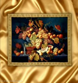 Signare "Grape and Wine" tapestry featuring still life scene of grapes and fruit