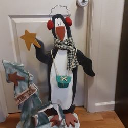 Christmas Decoration. Tall Wooden Penguin