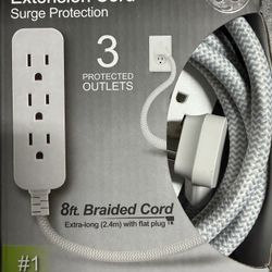 UltraPro™ 8ft Braided Surge Protection Extension Cord – 3 Outlet Flat Plug Power Strip