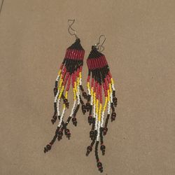 Handmade Native Beaded Fringe Earrings – Red/Yellow/Black/White