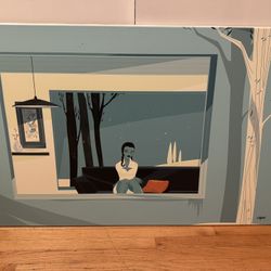 Ragnar Large 32x48 SHAG Style Canvas Art – Retro Mid-Century Modern Moody Blue Woman w/ Braids & Crow (Similar Josh Agle 