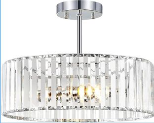New 15.7”W 3-Light Chrome Crystal Ceiling Light Semi Flush Mount Round Chandelier Dimmable E12