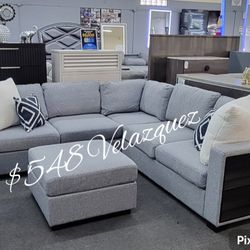 ✅️4 pc grey boucle fabric upholstered sectional sofa with storage arms and ottoman✅️✅️
