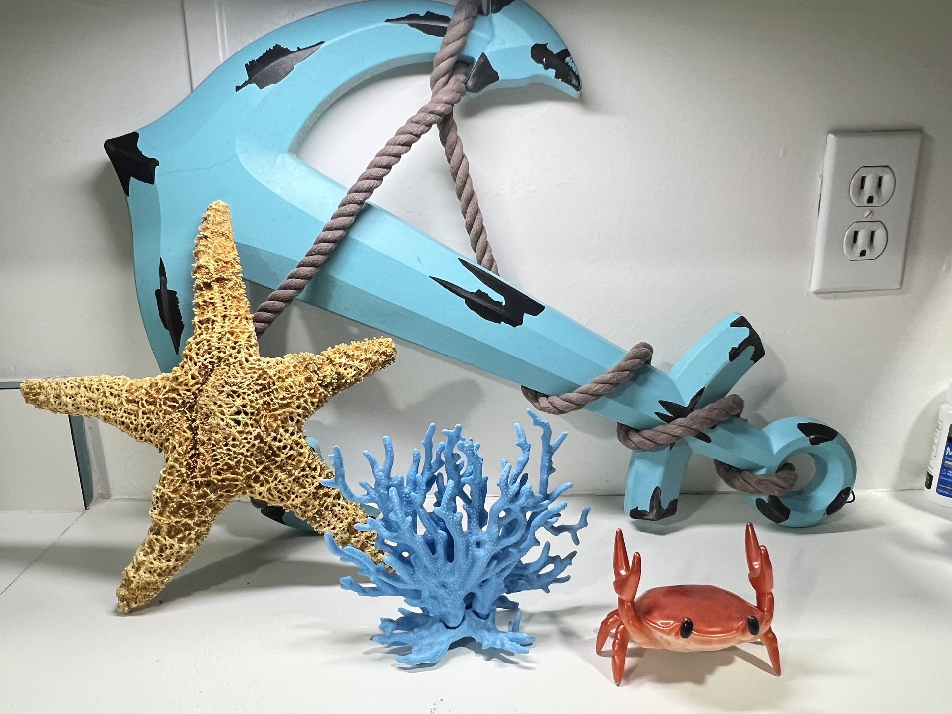 Blue Wooden Decor Anchor Wall Hanging Orname, 22” Long Real desiccated dried starfish decor, beach Lot