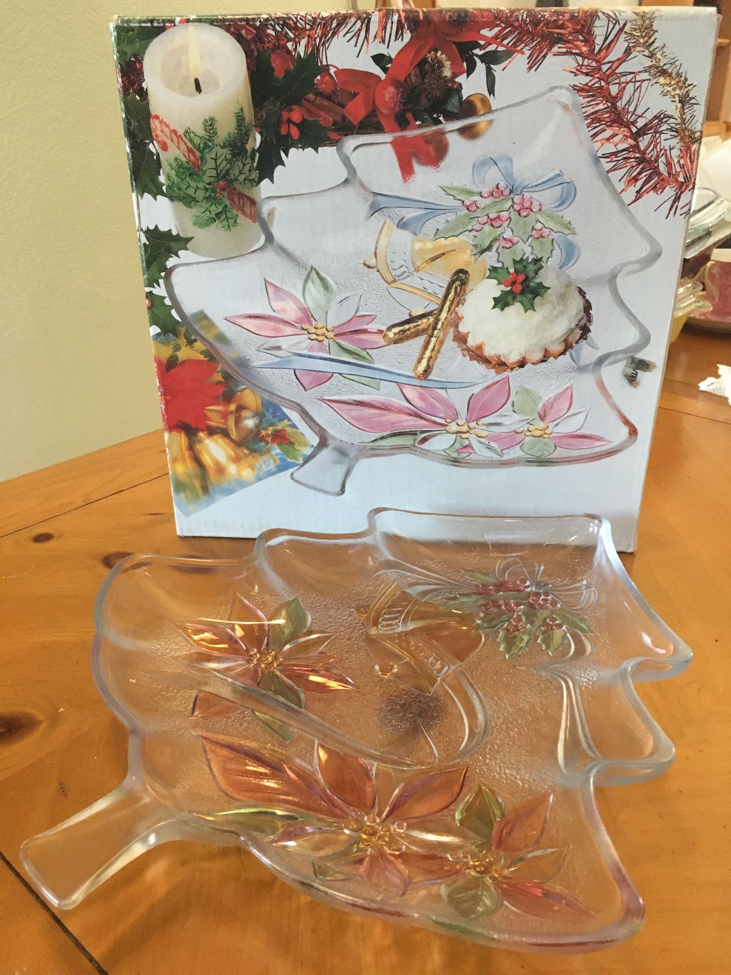 11 inch tall Christmas tree glass dish. In original box. Used once.