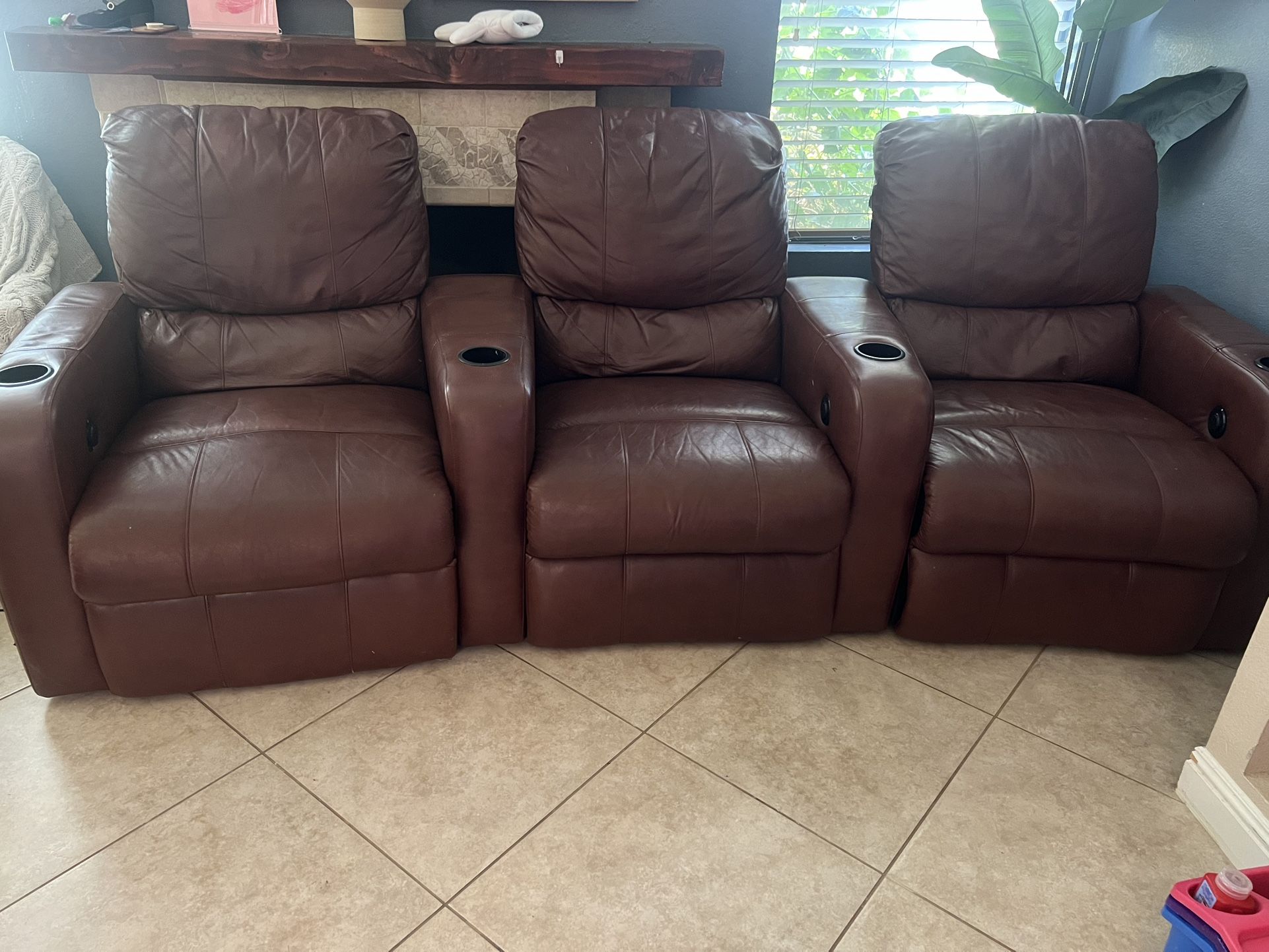 3 Seat Brown Leather Recliner Couch