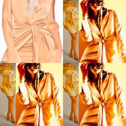 RIVIR NWOT light orange satin,long-sleeve,collared mini shirt dress a tie-front