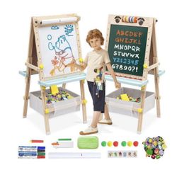 Kids Easel with Paper Roll Double-Sided Whiteboard & Chalkboard Standing Easel with Numbers and Other Accessories for Kids and Toddlers (with Abacus)