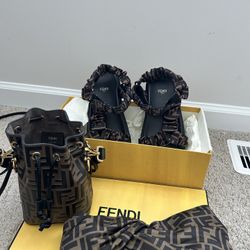 Fendi Designer Bundle – Mon Tresor Bucket Bag, Logo Sandals & Headband (Matching Set) 