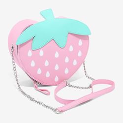 Pink strawberry heart shaped Bioworld crossbody chain bag. .