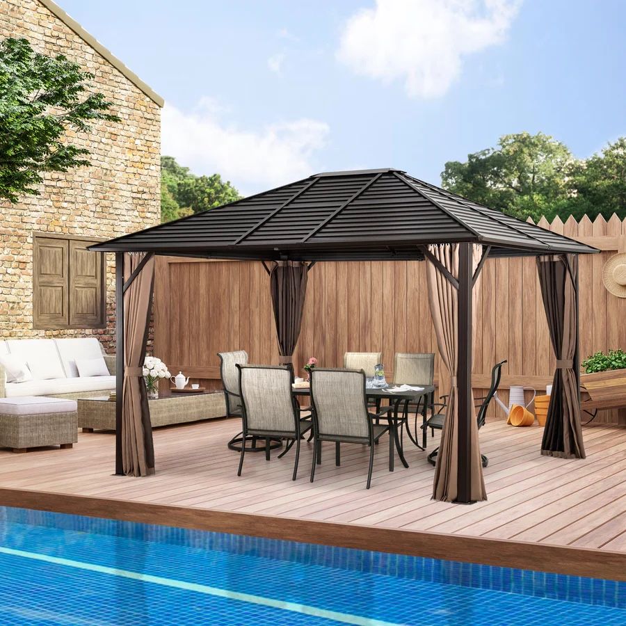 10'x12' Patio Metal Hardtop Gazebo with Fully Enclosed Zip Curtains and Breathable Mesh, Outdoor Metal Hardtop Gazebo Canopy Tent for Garden, Jacuzzi