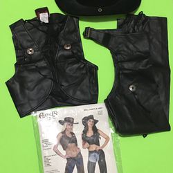 Western Adult Costume size Small-Black Vest Chaps And Hat