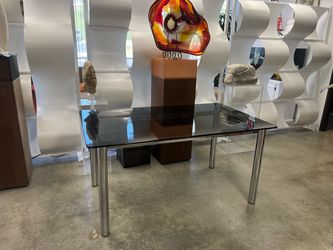 Mid Century Smoked Glass Dining Table with Chrome Legs