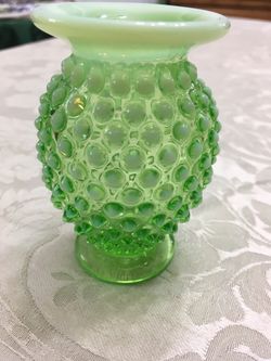 Fenton Opalescent Lime Green Mini Vase Hobnail