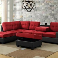 Heights Red/Black Reversible Sectional with Storage Ottoman 