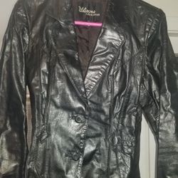 Womens Black Leather Jacket Sz M (14)