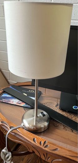 Modern Brushed Metal Table Lamp with White Drum Shade