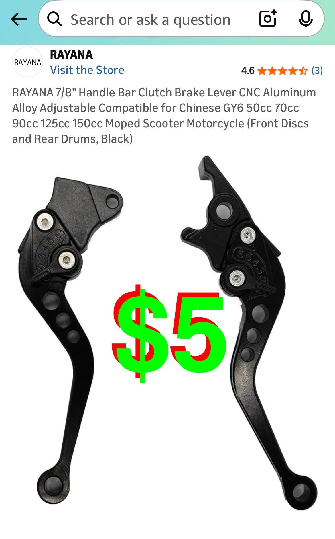 7/8" Handle Bar Clutch Brake Lever CNC Aluminum Alloy Adjustable Compatible for Chinese GY6 50cc 70cc 90cc 125cc 150cc Moped Scooter Motorcycle