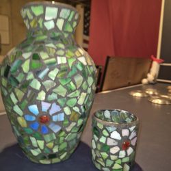 Vintage Stained Glass Multicoloured  Flower Vase  With Glass