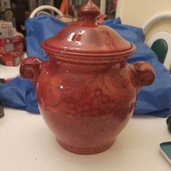 Vintage Pier 1 Earthenware Burgundy Cookie Jar/canister. Handpainted Design With Grapes and Leaves.  Discontinued!