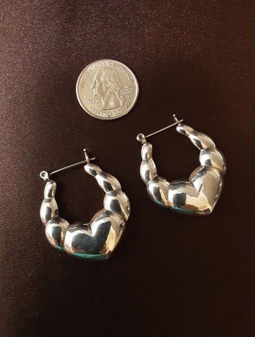 Vintage Puffy Heart Sterling Silver Hoop Earrings