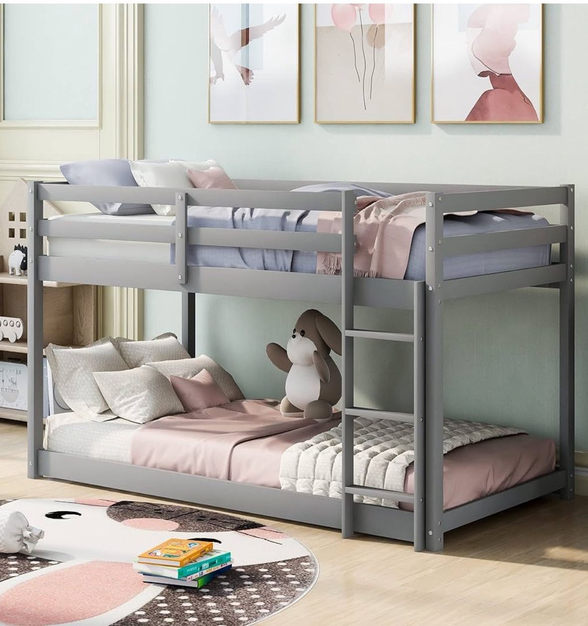 Merax Twin Over Twin Bunk Bed, Twin Bunk Bed Low Bunk Beds with Ladder, Space-Saving Design, No Boxing Spring Needed, Gray