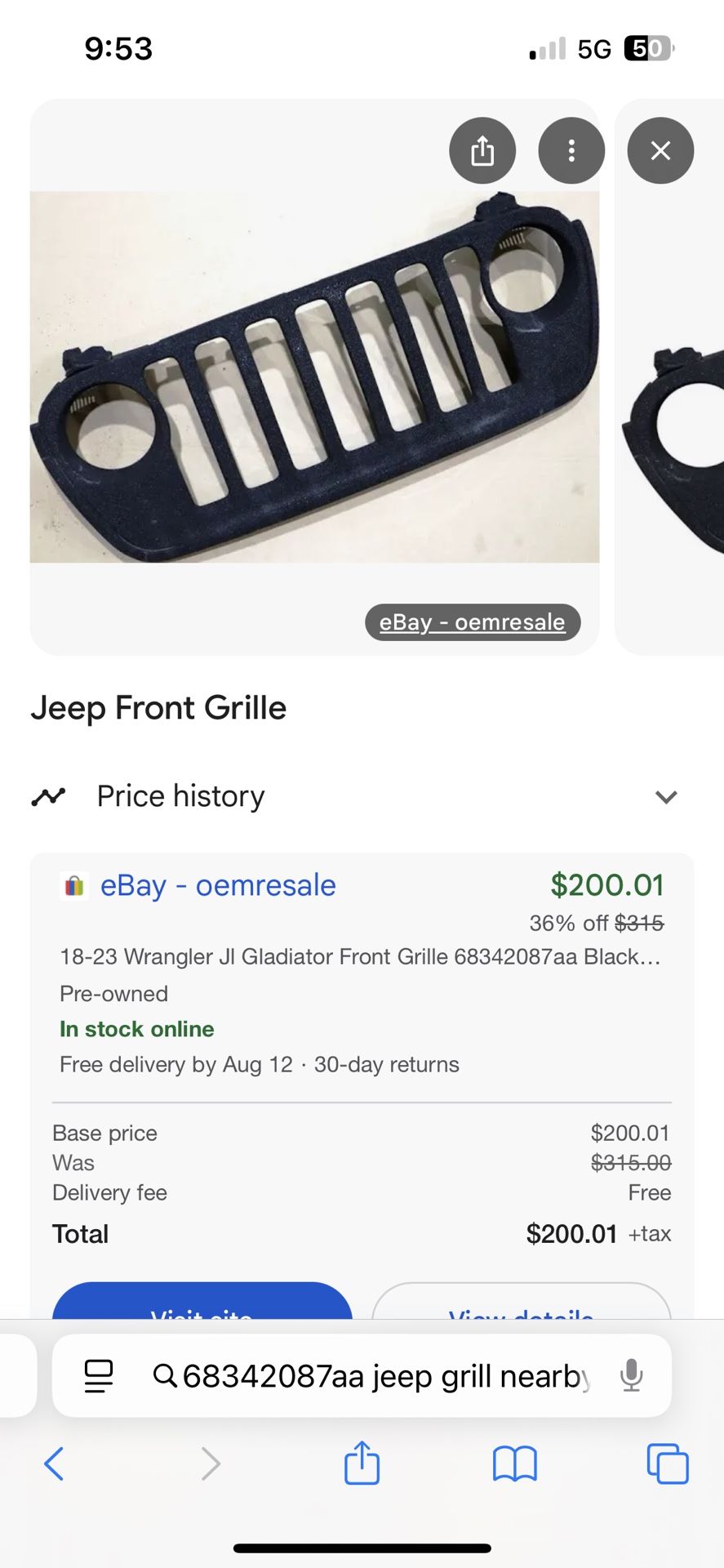 Jeep wrangler oem mopar front grille part # (contact info removed)7AA