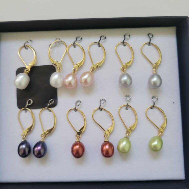 Multi Color Cultured Freshwater Pearls 18k Yellow Gold Over 925 Earrings Set. New open box without tag