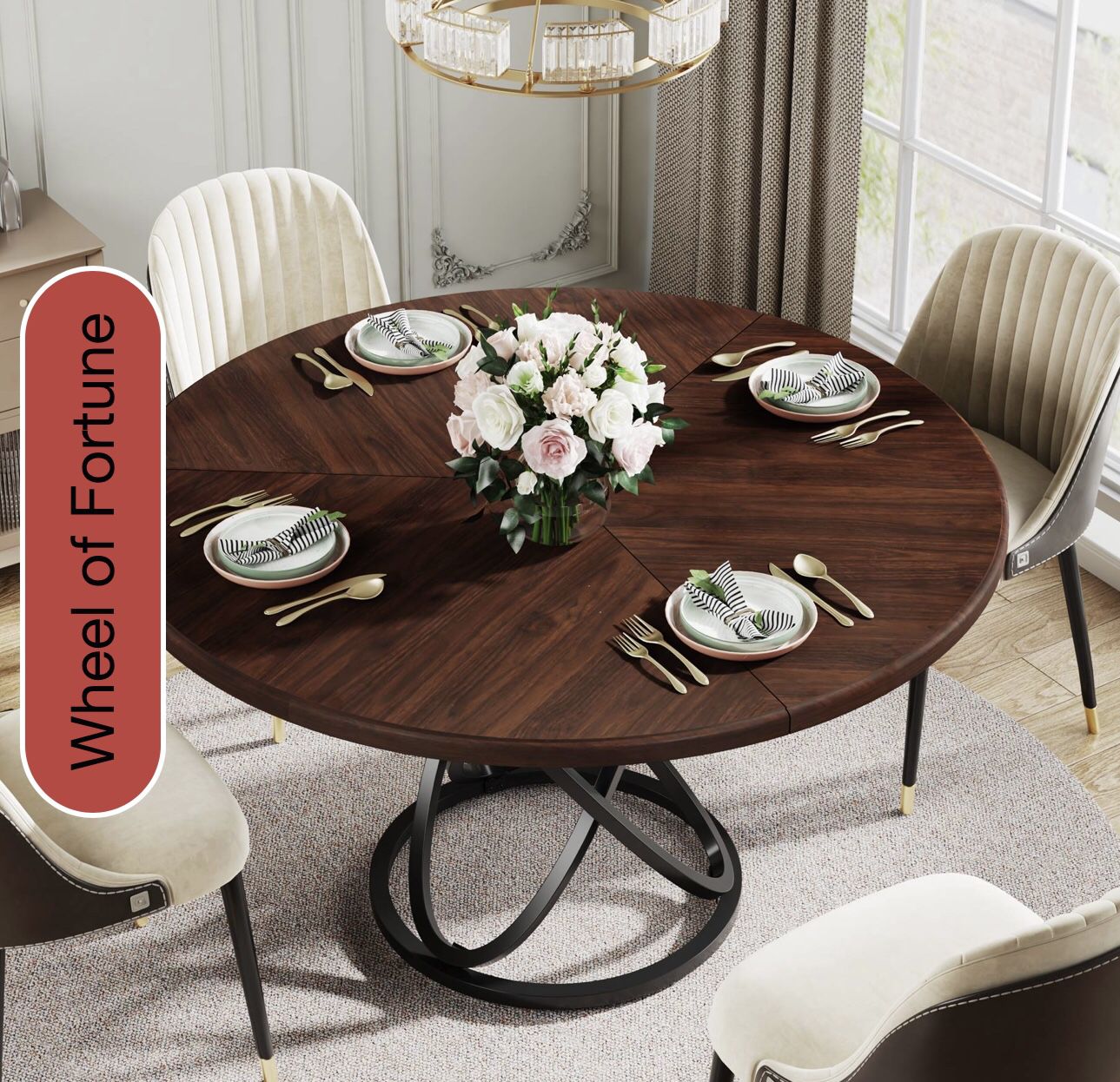 C0841 47" Round Dining Table, Dinner Kitchen Table with Metal Base