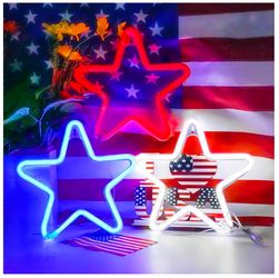 3 Pack Hanging Star LED Neon Sign for Bedroom Wall Decor,4th of July Decorations Red White and Blue Neon Lights Sign Battery Powered for Independence 