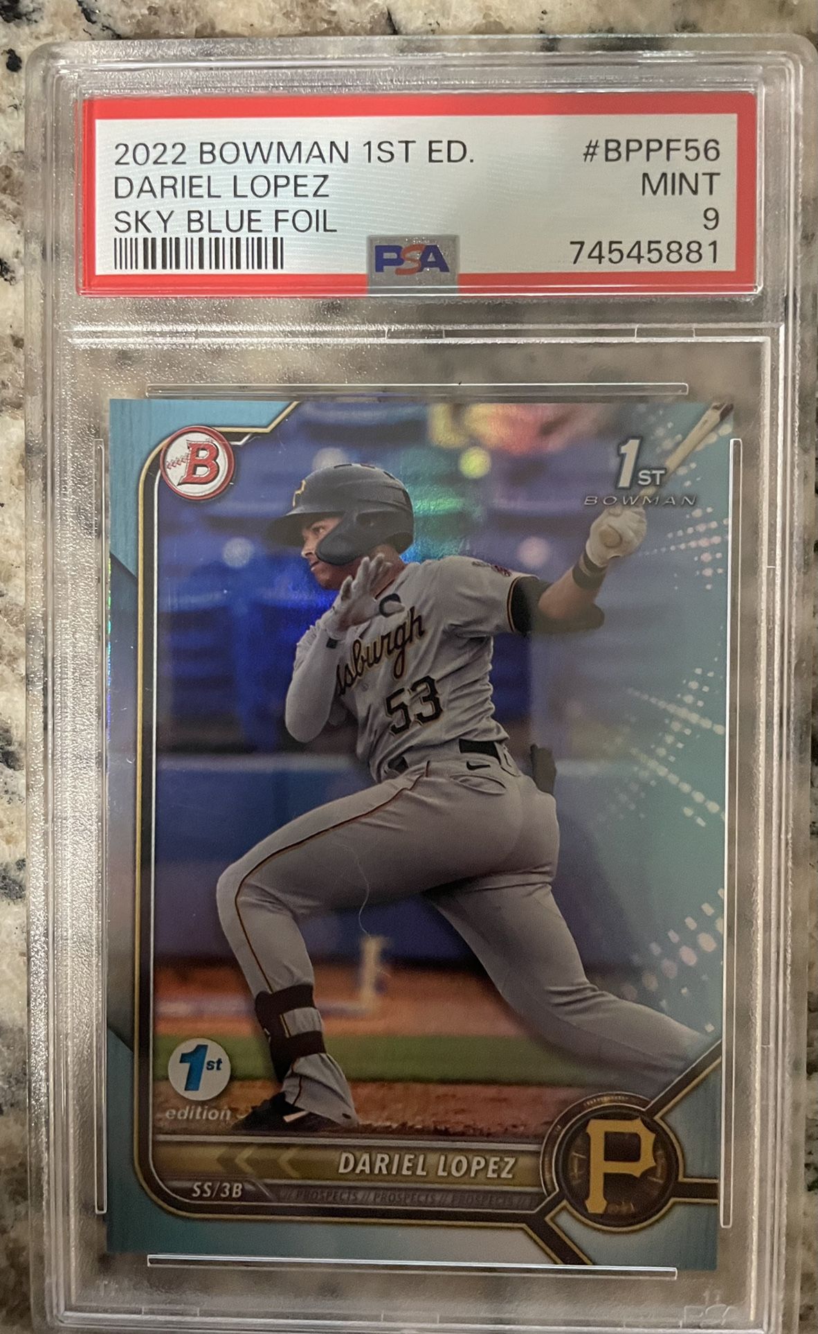 2022 Bowman 1st Edition #BPP556 Dariel Lopez Sky Blue Foil PSA 9 Mint