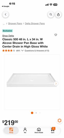 Delta Classic 500 48 in. L x 34 in. W Alcove Shower Pan Base with Center Drain in High Gloss White