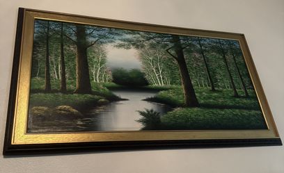 Vintage Forest Stream Pond Landscape Oil Painting 