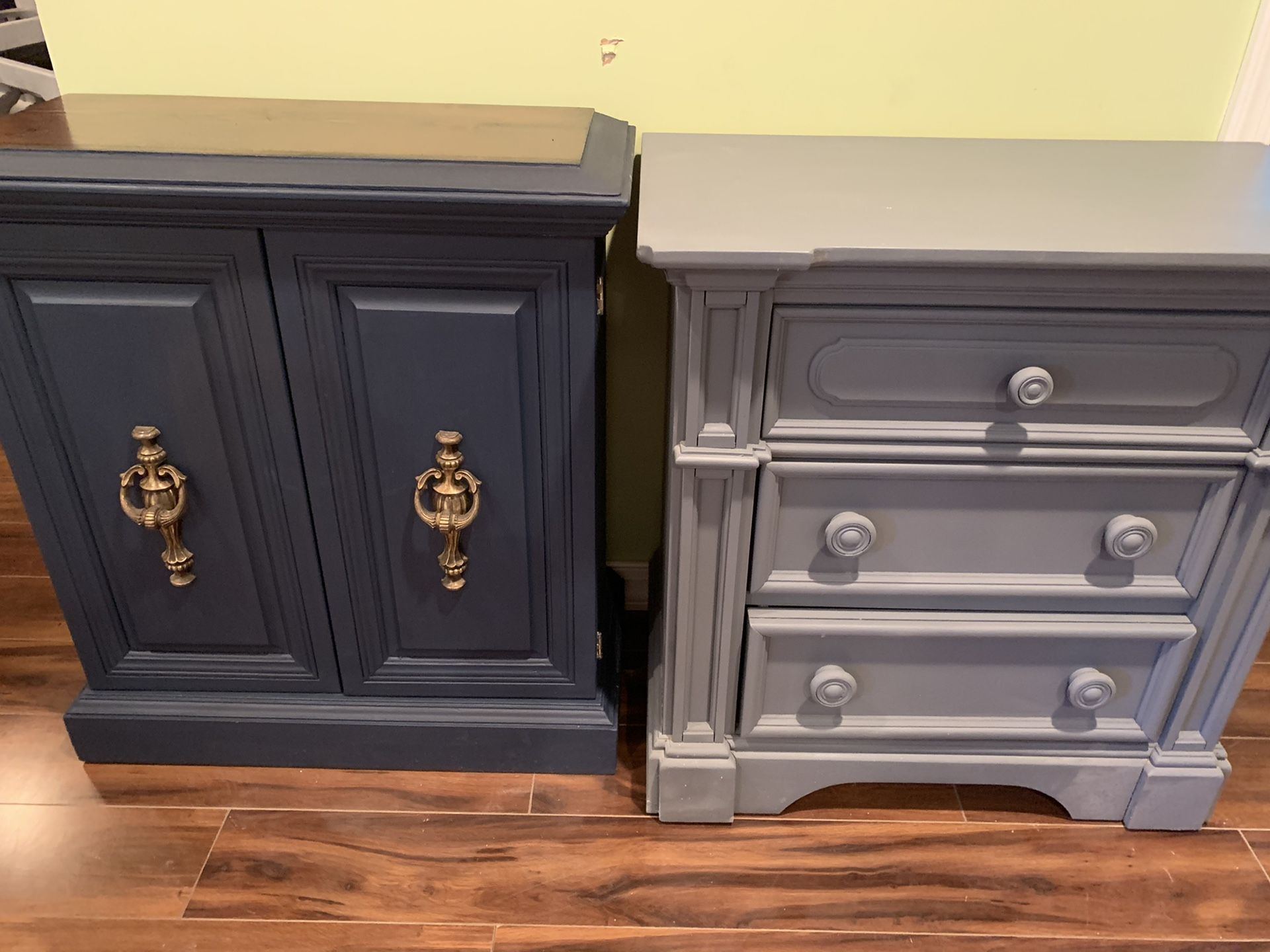 Refinish vintage accent cabinet table and refinished solid wood three drawer gray nightstand