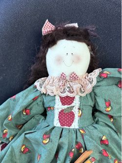 Vintage Handmade Primitive Folk Art Rag Doll Teacher Apple ABC Country Farmhouse Decor