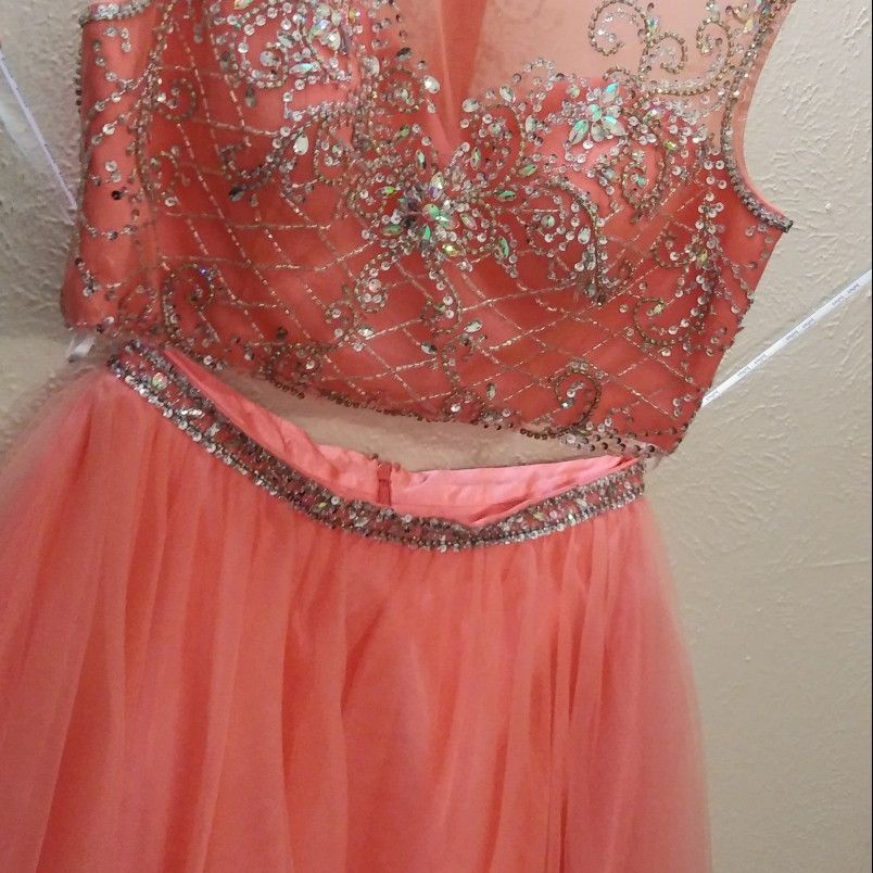 Peach 2 Pc Juliet Prom Dress