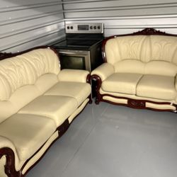 Cream Leather Sofa Set (Couch + Loveseat) With Carved Wood Trim