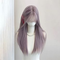 26 inch Gray Purple Straight Bangs Wig