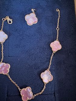 Solid 14K gold pink clover bracelet pendant set