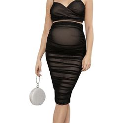 Floerns Women's Maternity 2 Piece Outfit Mesh Crop Cami Top and Pencil Skirt Set