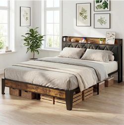 New Full Bed Frame, Storage Headboard with Charging Station