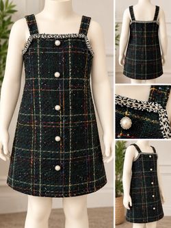 Girls Plaid Tweed Sequin Pinafore Dress