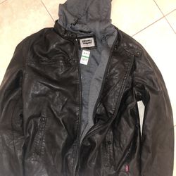 Levi Faux Leather Jacket  with hood  Black 