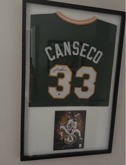 Jose Canseco Signed Oakland A's Framed Jersey #33 and Signed photo
